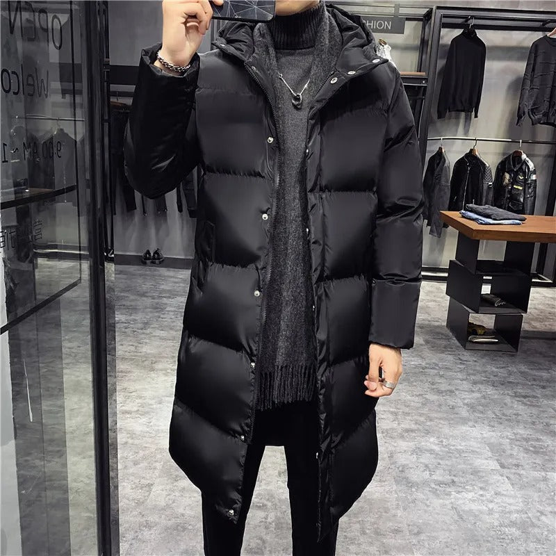 Men's Long Puffer Parka Jacket - Warm Winter Coat with Hood - Black 2