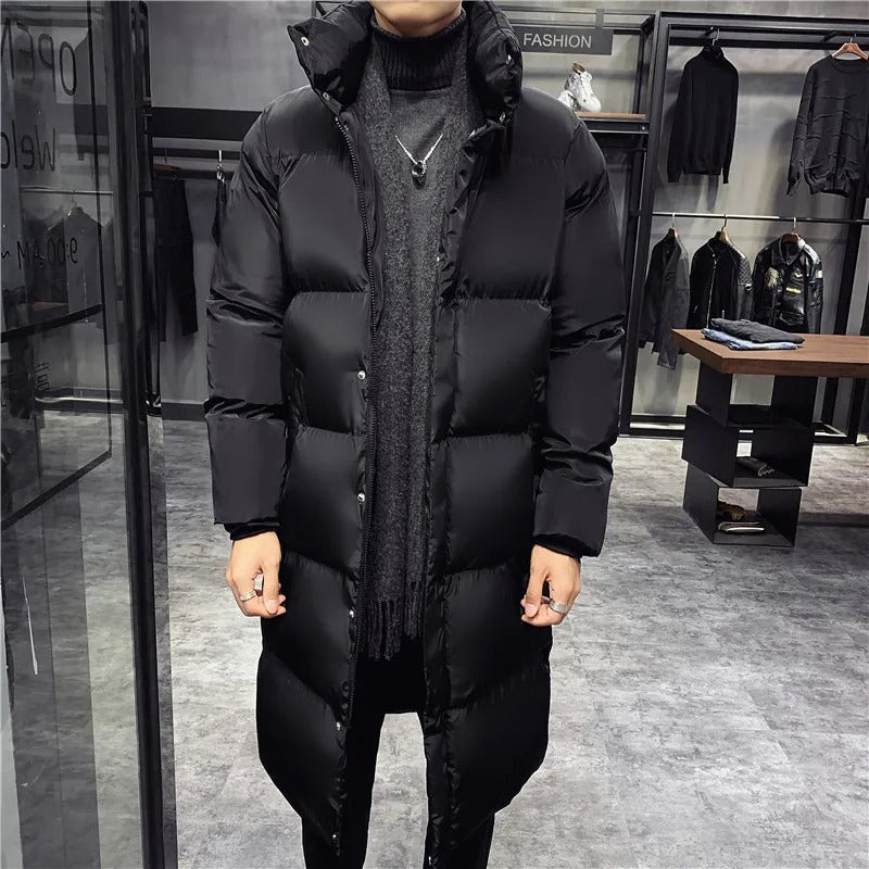 Men's Long Puffer Parka Jacket - Warm Winter Coat with Hood - Black
