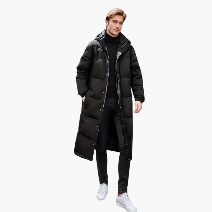 Men's Long Quilted Winter Jacket - Full Zip Parka - Black