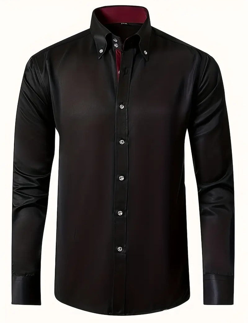 Men's Long Sleeve Button-Up Shirt - Classic Business - Black