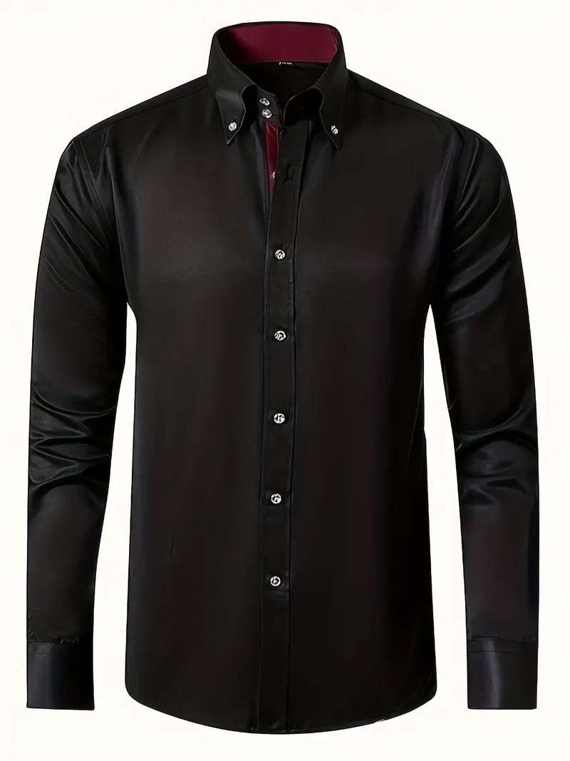 Men's Long Sleeve Button-Up Shirt - Classic Business - Black