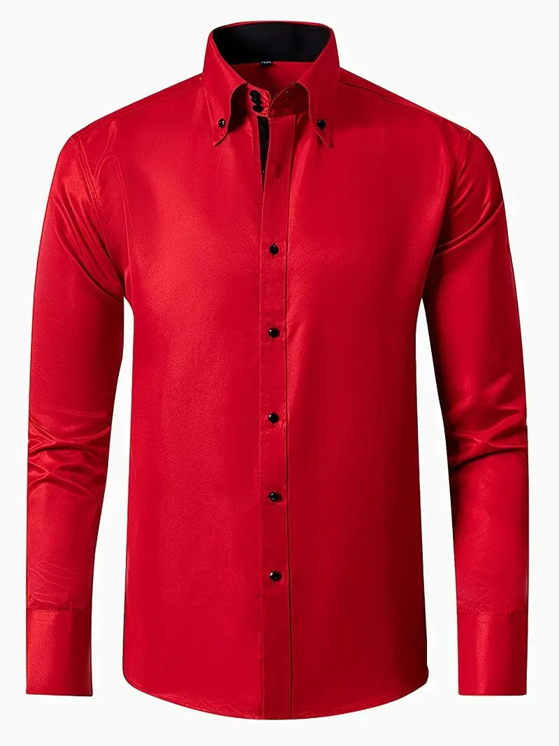 Men's Long Sleeve Button-Up Shirt - Classic Business - Red