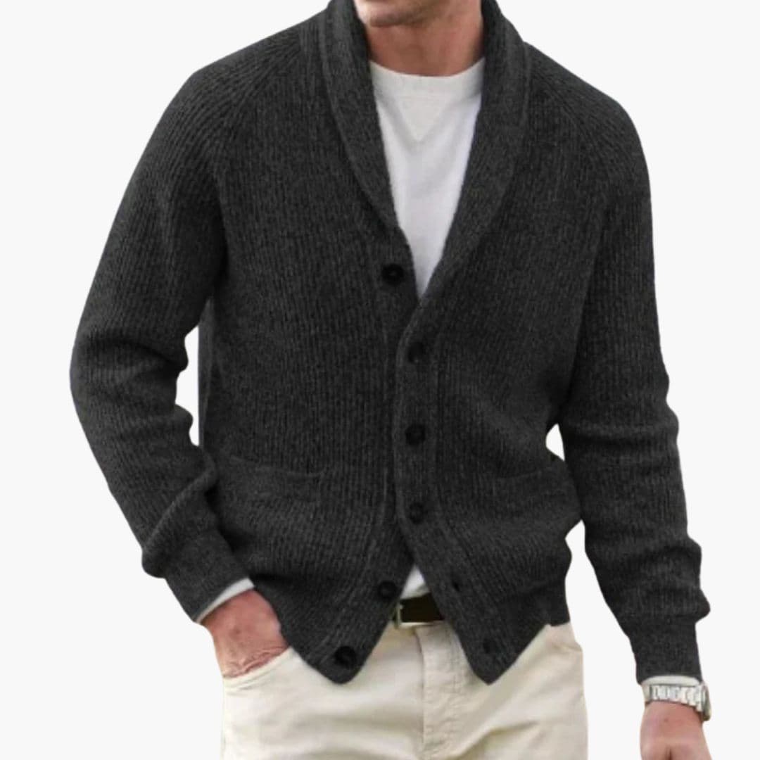 Men's Long Sleeve Cardigan - Classic Winter Knit - Black