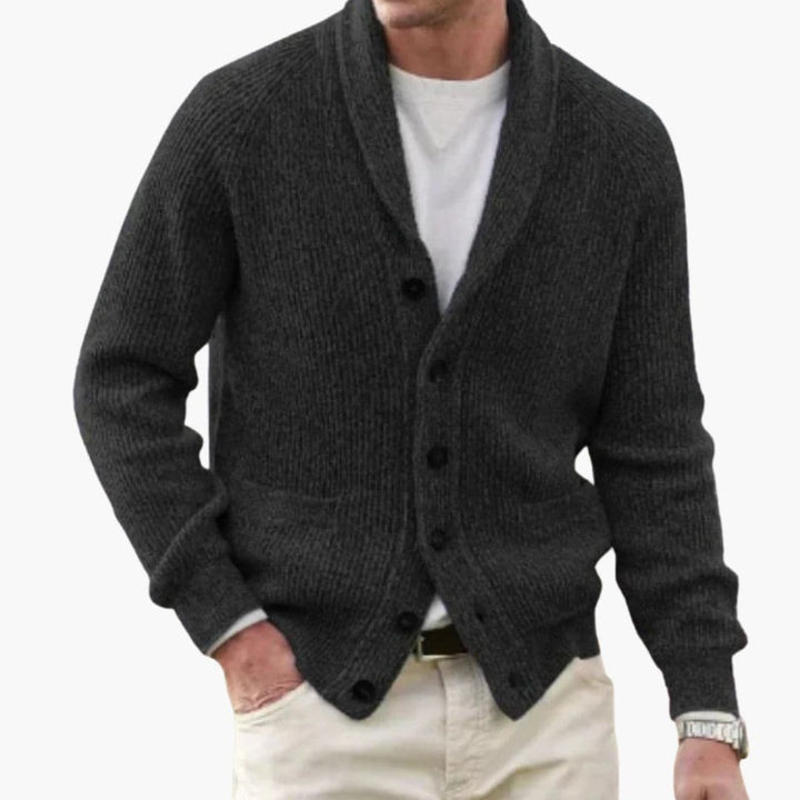 Men's Long Sleeve Cardigan - Classic Winter Knit - Black