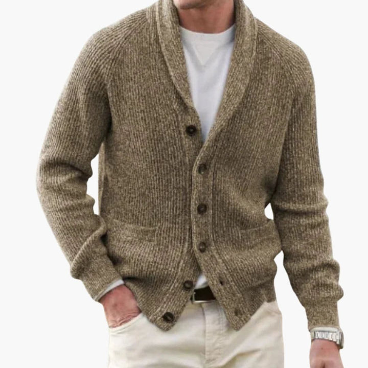 Men's Long Sleeve Cardigan - Classic Winter Knit - Camel
