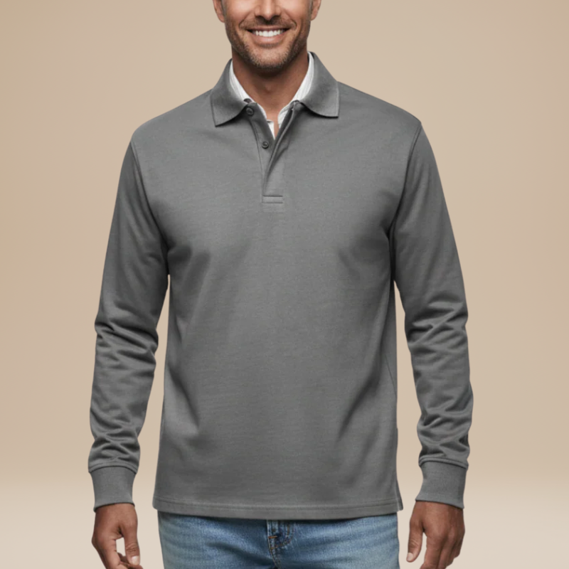 Men's Long Sleeve Polo Shirt - Classic Comfort Fit - Grey