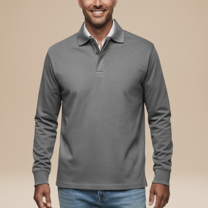 Men's Long Sleeve Polo Shirt - Classic Comfort Fit - Grey