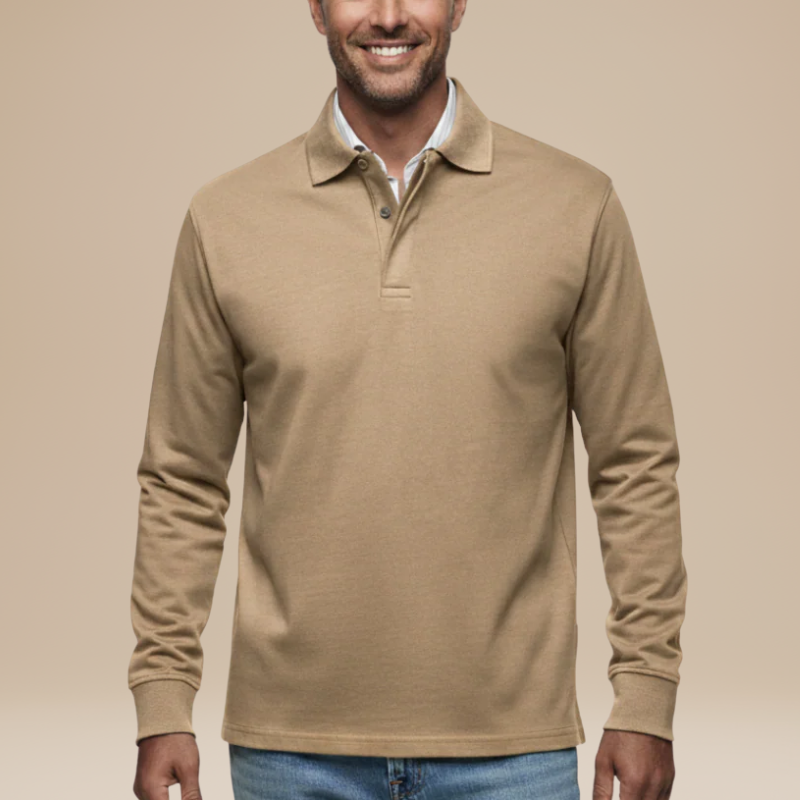 Men's Long Sleeve Polo Shirt - Classic Comfort Fit - Khaki