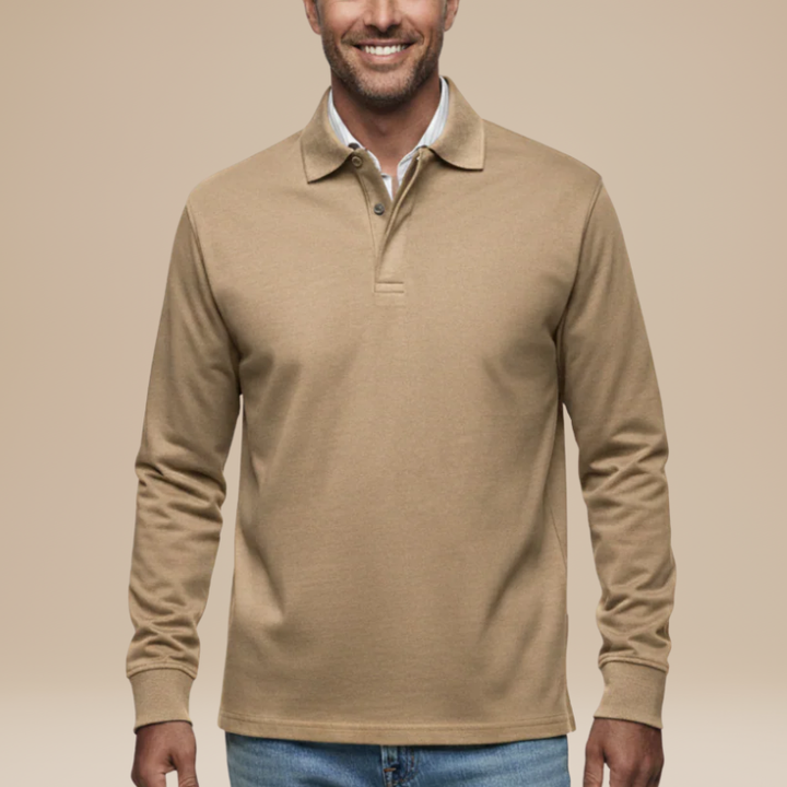 Men's Long Sleeve Polo Shirt - Classic Comfort Fit - Khaki