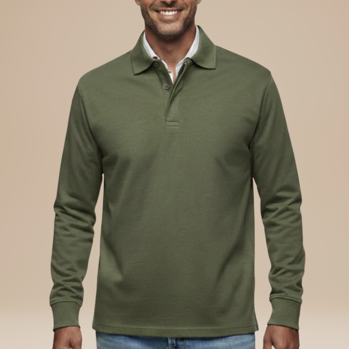 Men's Long Sleeve Polo Shirt - Classic Comfort Fit - Olive Green