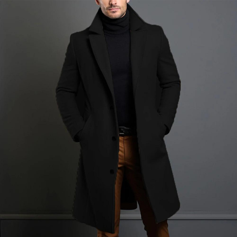 Men's Long Winter Coat - Tailored Slim Fit - Black