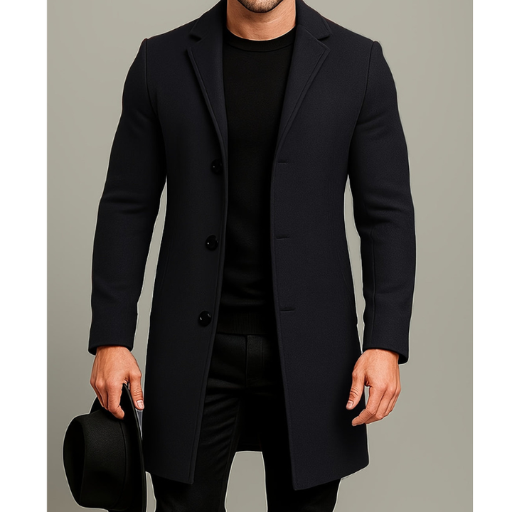 Men's Long Winter Coat with Button Closure - Windproof Style - Black