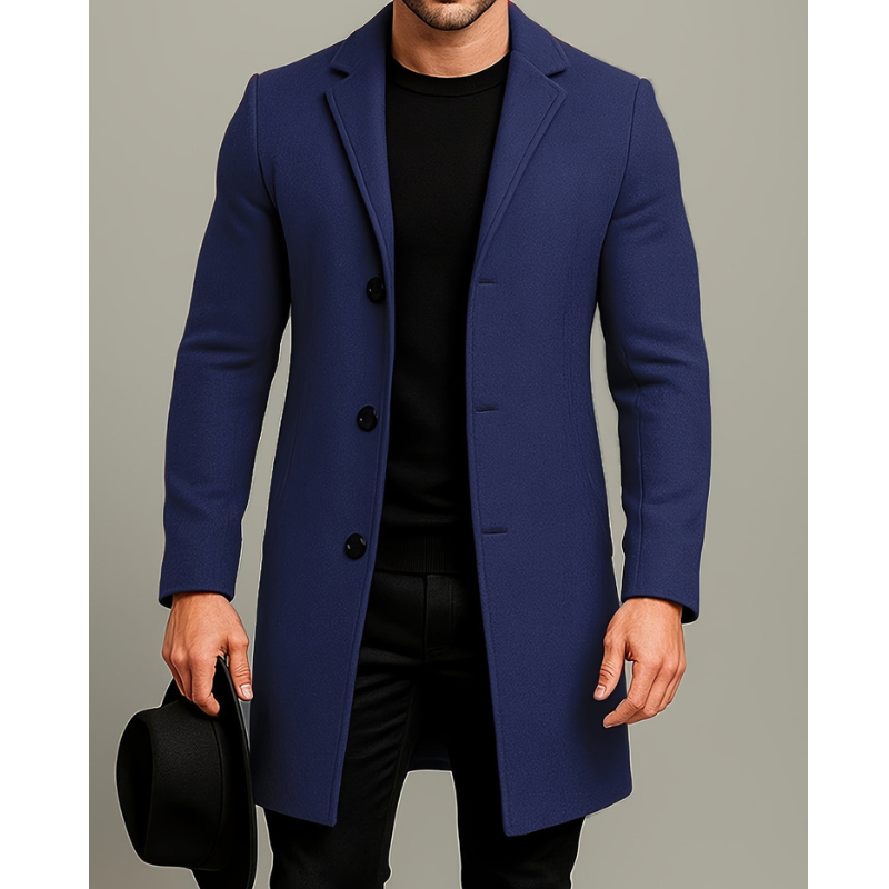 Men's Long Winter Coat with Button Closure - Windproof Style - Blue