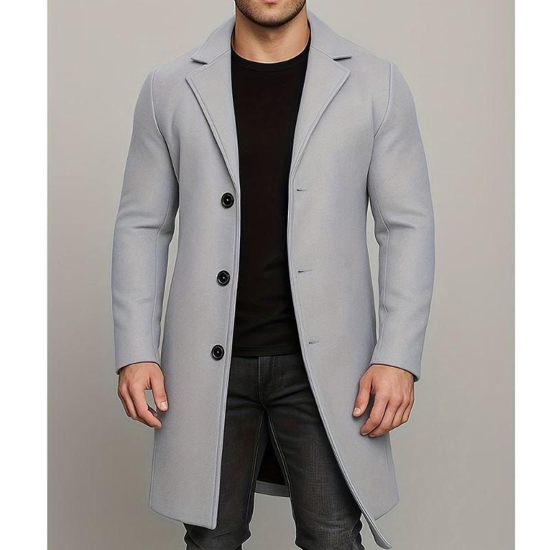 Men's Long Winter Coat with Button Closure - Windproof Style - Light Grey