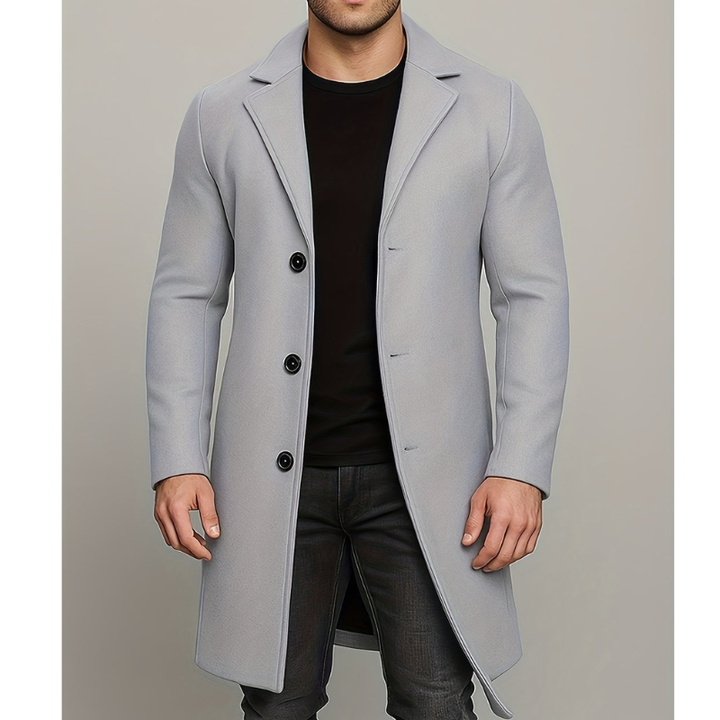 Men's Long Winter Coat with Button Closure - Windproof Style - Light Grey