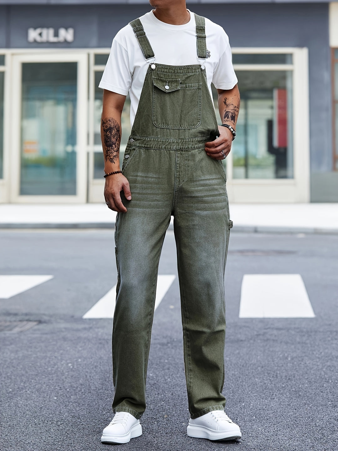 Men's Loose Fit Cargo Overalls - All-Season Work Wear - Green