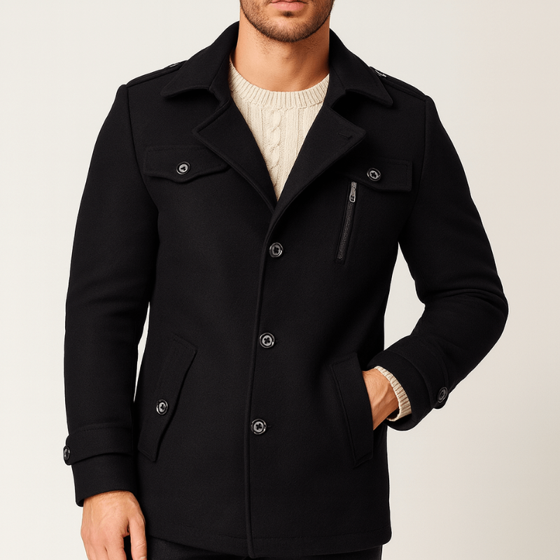 Men's Mid-Length Winter Coat - Classic Trench Design - Black