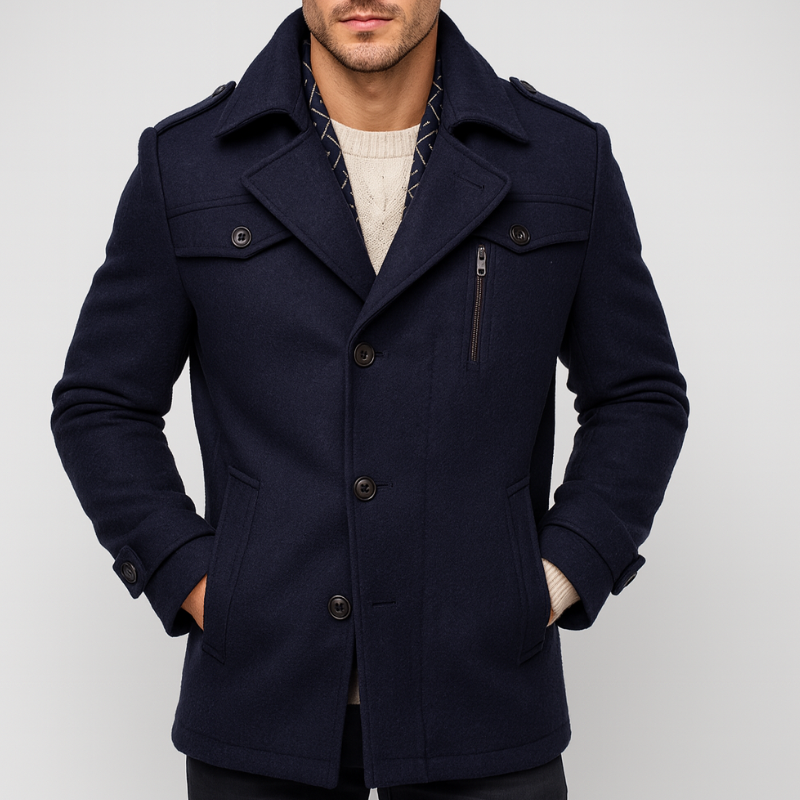 Men's Mid-Length Winter Coat - Classic Trench Design - Blue