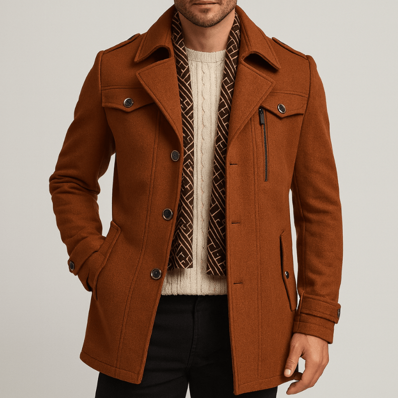Men's Mid-Length Winter Coat - Classic Trench Design - Brown