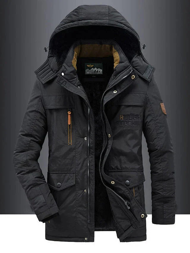 Men's Military Jacket - Casual Winter Coat with Pockets - Black