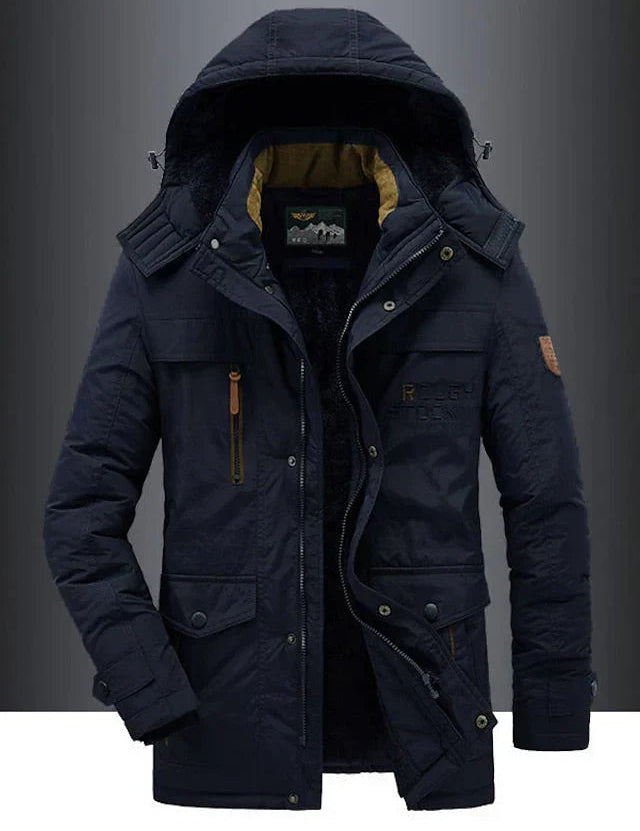 Men's Military Jacket - Casual Winter Coat with Pockets - Blue