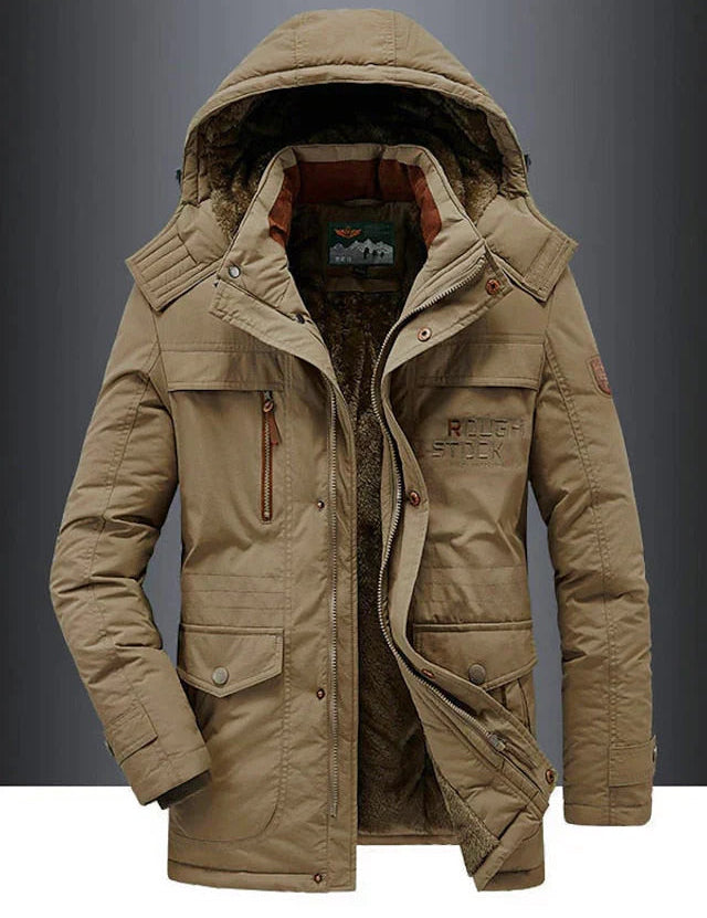 Men's Military Jacket - Casual Winter Coat with Pockets - Khaki