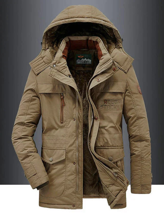 Men's Military Jacket - Casual Winter Coat with Pockets - Khaki