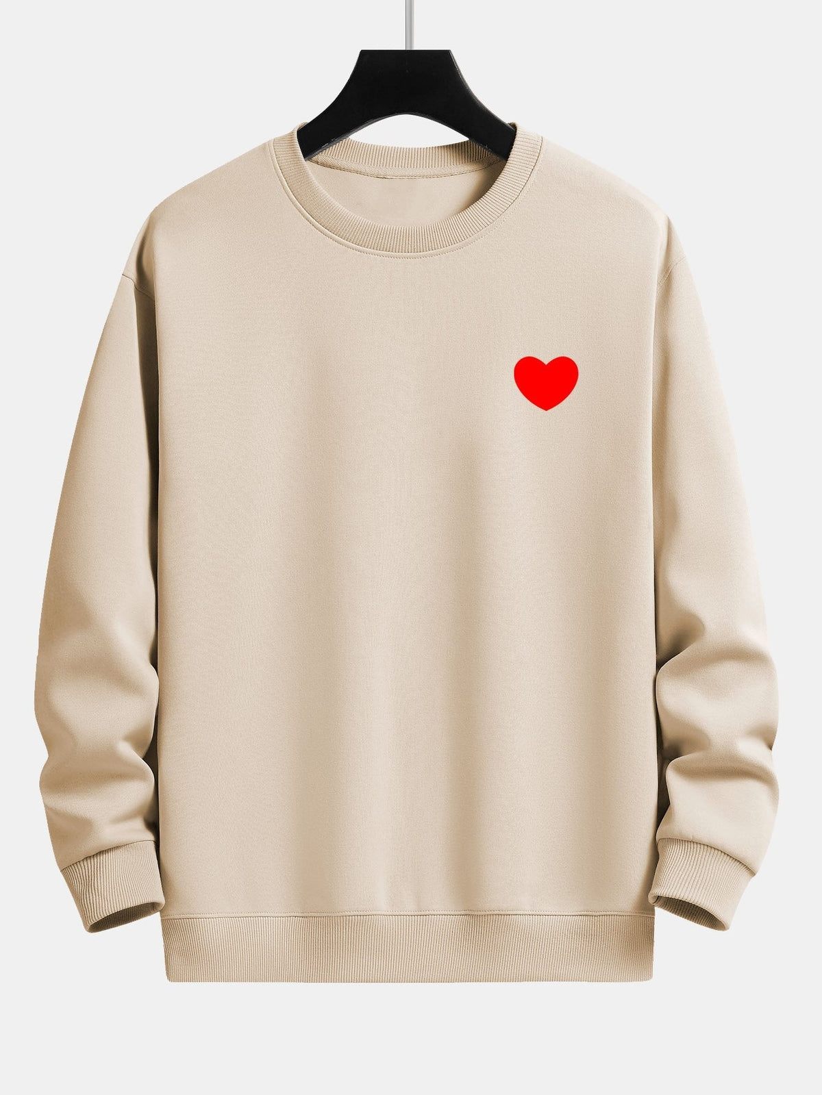 Men's Minimalist Heart Print Crew Neck Sweatshirt – Relaxed Fit - Beige