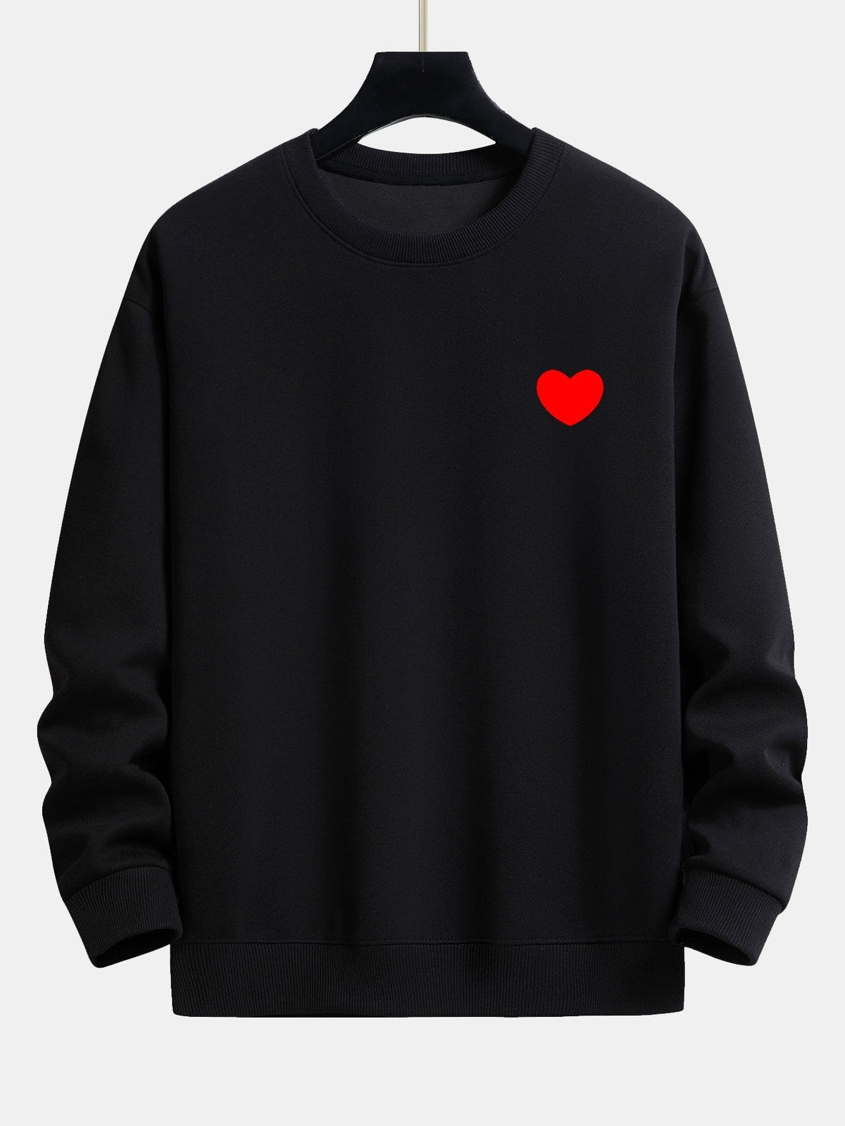 Men's Minimalist Heart Print Crew Neck Sweatshirt – Relaxed Fit - Black