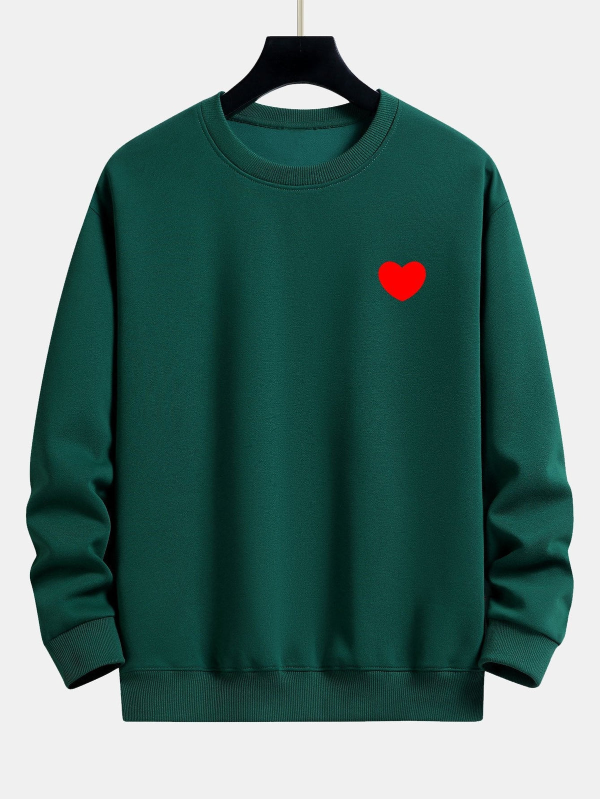 Men's Minimalist Heart Print Crew Neck Sweatshirt – Relaxed Fit - Dark Green