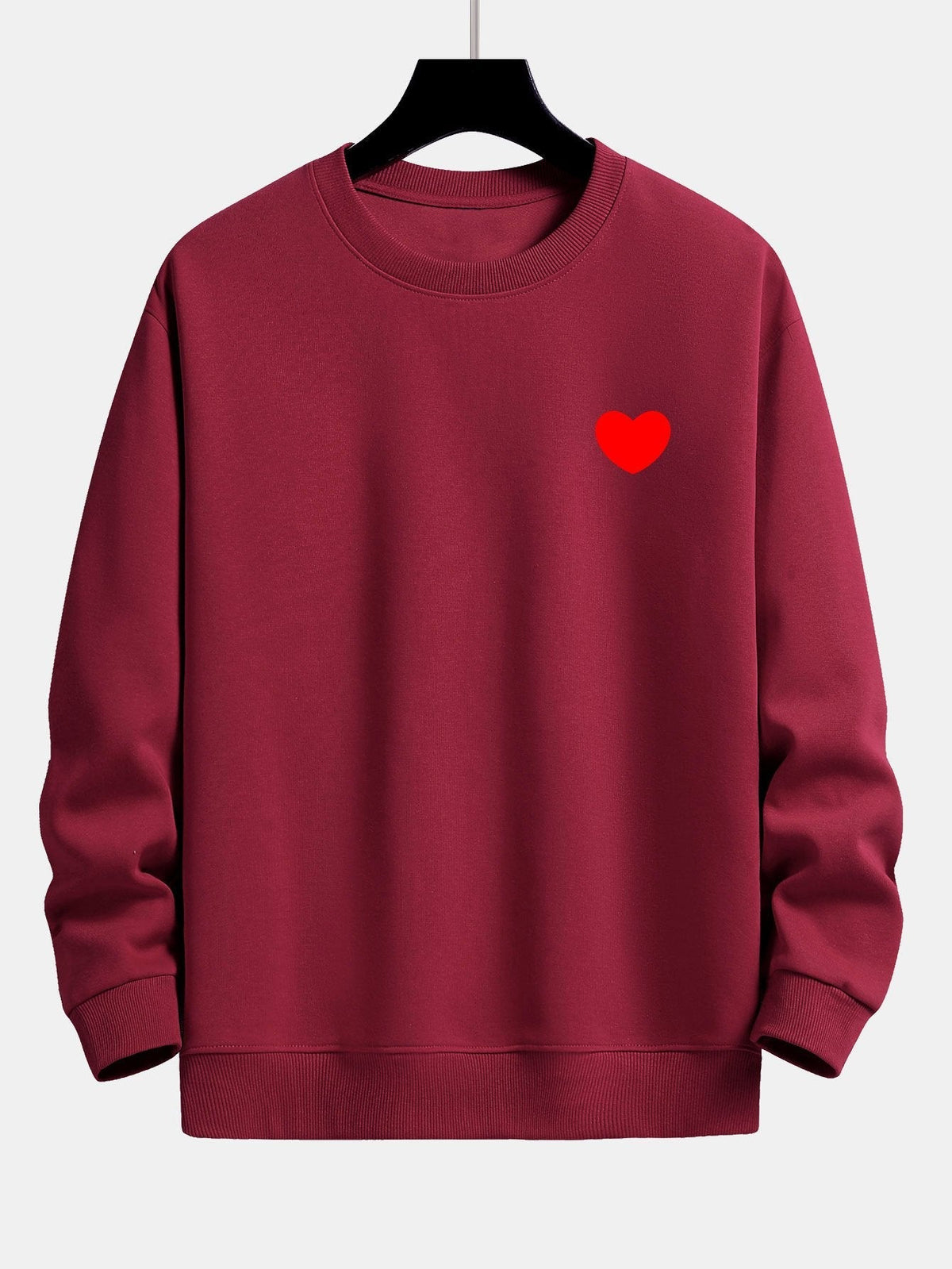 Men's Minimalist Heart Print Crew Neck Sweatshirt – Relaxed Fit - Wine Red