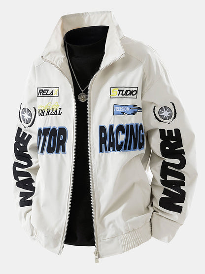 Men's Motorsport Racing Bomber Jacket – Relaxed Fit Zip-Up - Beige