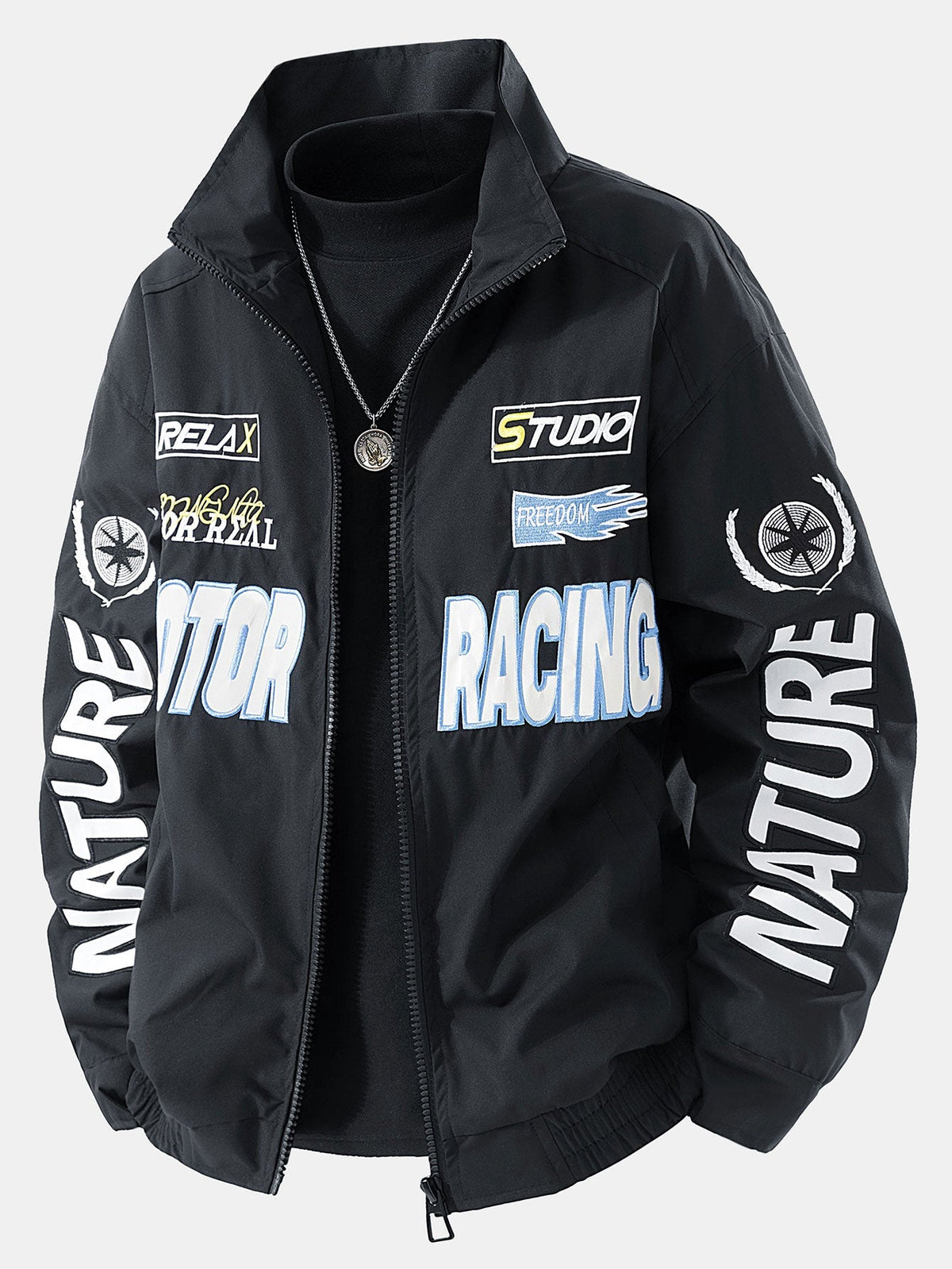 Men's Motorsport Racing Bomber Jacket – Relaxed Fit Zip-Up - Black