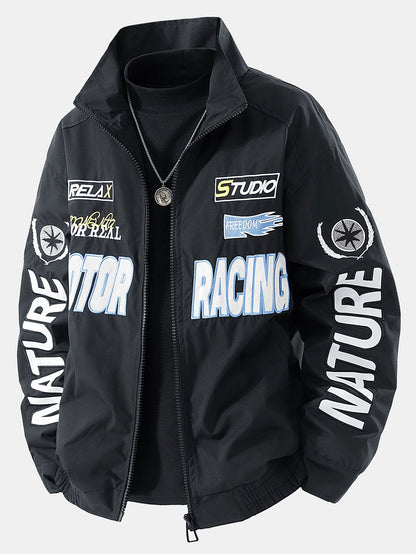 Men's Motorsport Racing Bomber Jacket – Relaxed Fit Zip-Up - Black