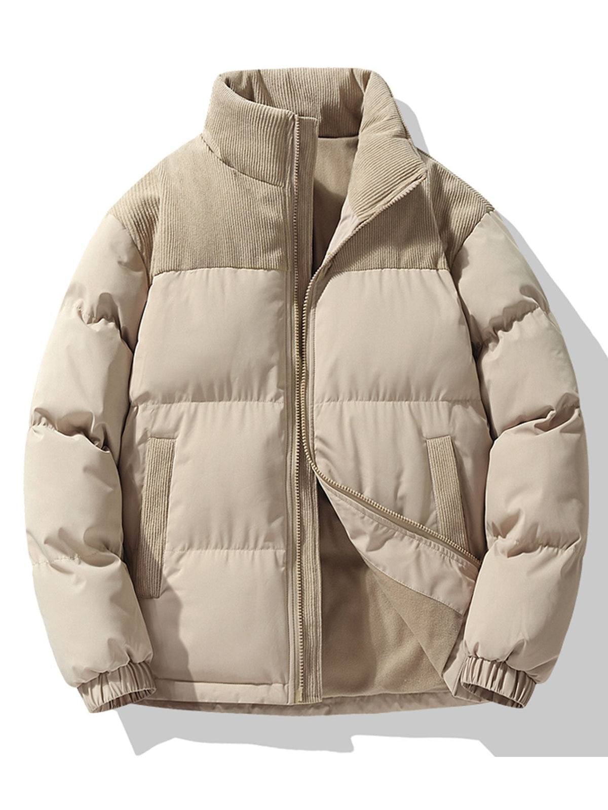 Men's Padded Puffer Jacket with Corduroy Panels in beige, Winter Casual