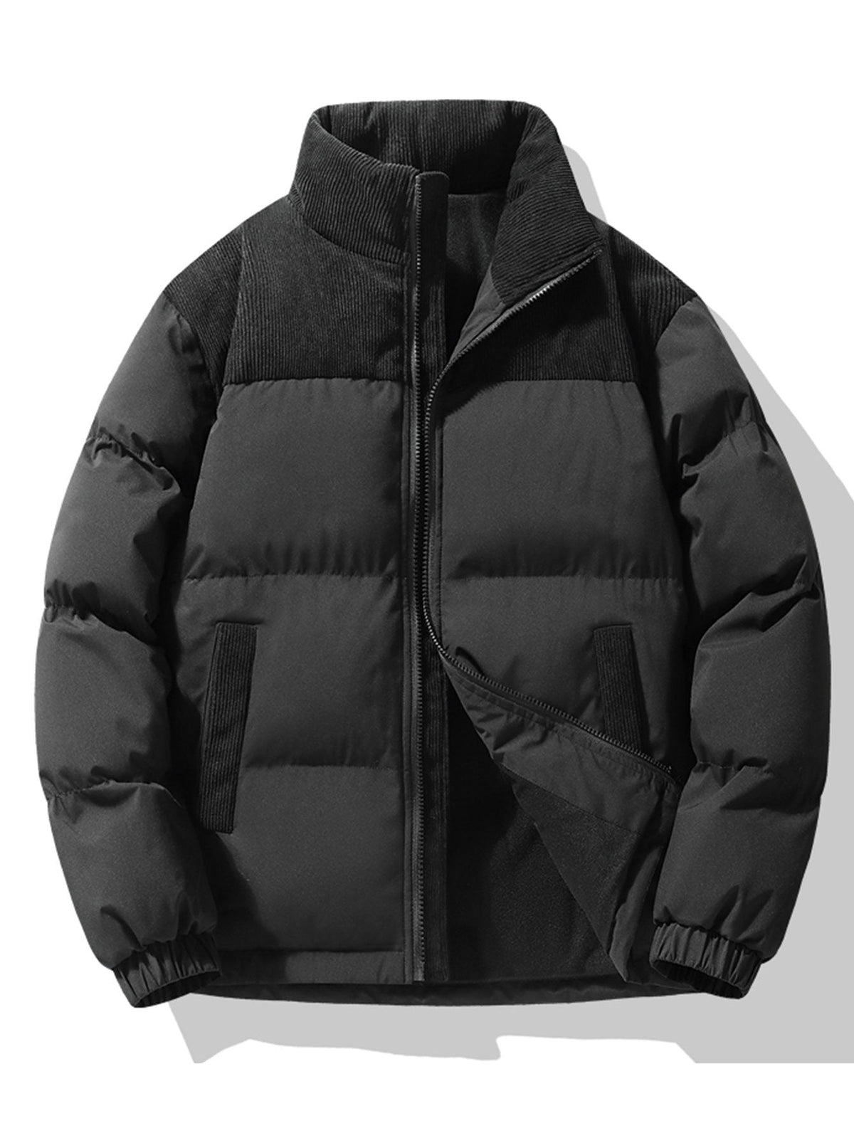 Men's Padded Puffer Jacket with Corduroy Panels in black, Winter Casual
