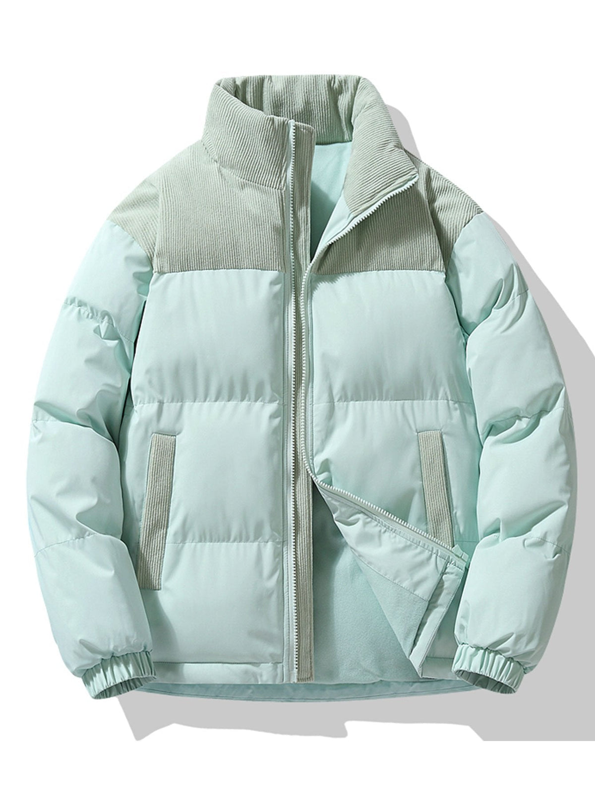 Men's Padded Puffer Jacket with Corduroy Panels in light green, Winter Casual