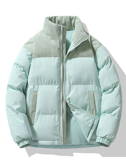 Men's Padded Puffer Jacket with Corduroy Panels in light green, Winter Casual