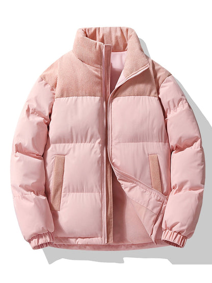 Men's Padded Puffer Jacket with Corduroy Panels in light pink, Winter Casual