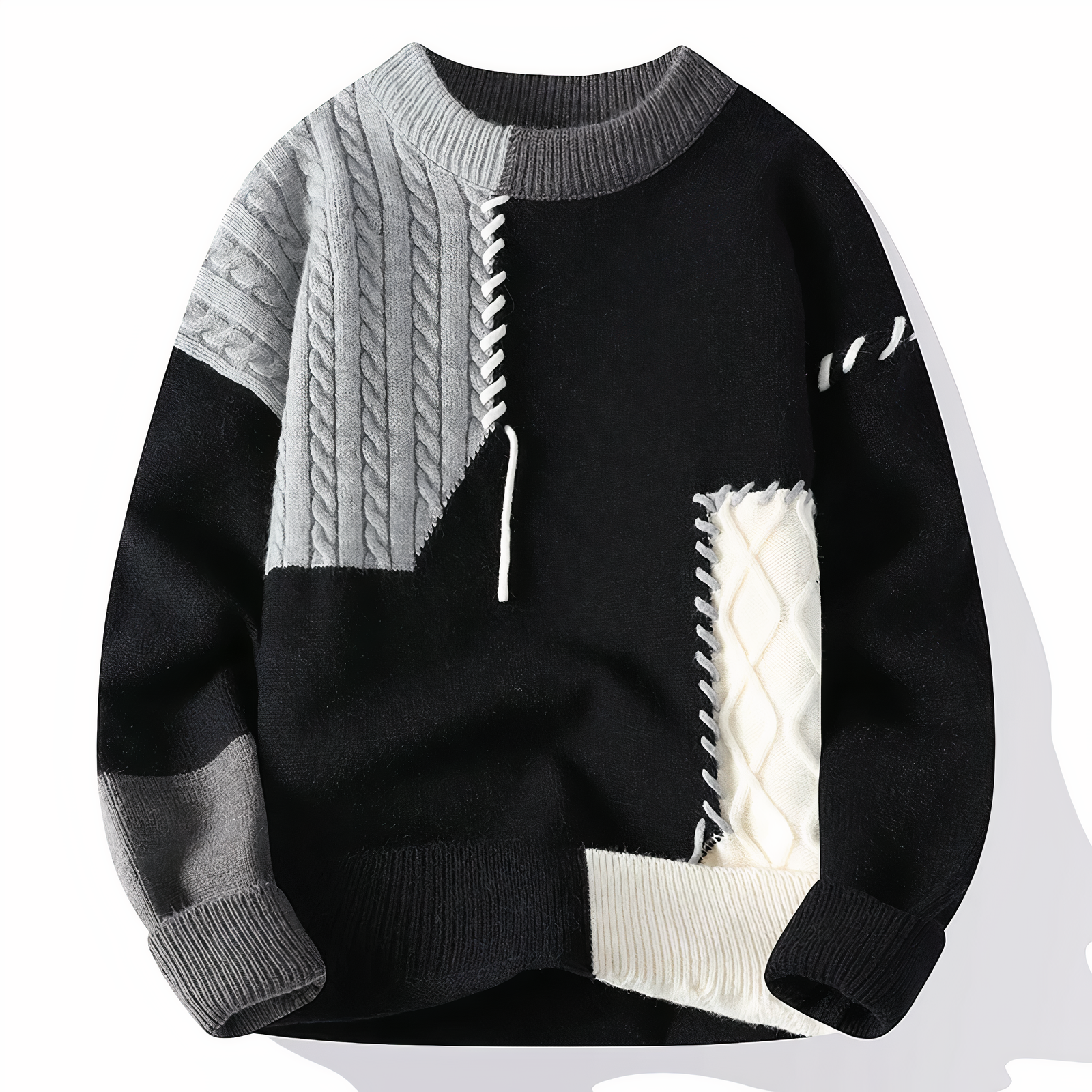 Men's Patchwork Crewneck Sweater - Bold Mixed Knit - Black-Grey