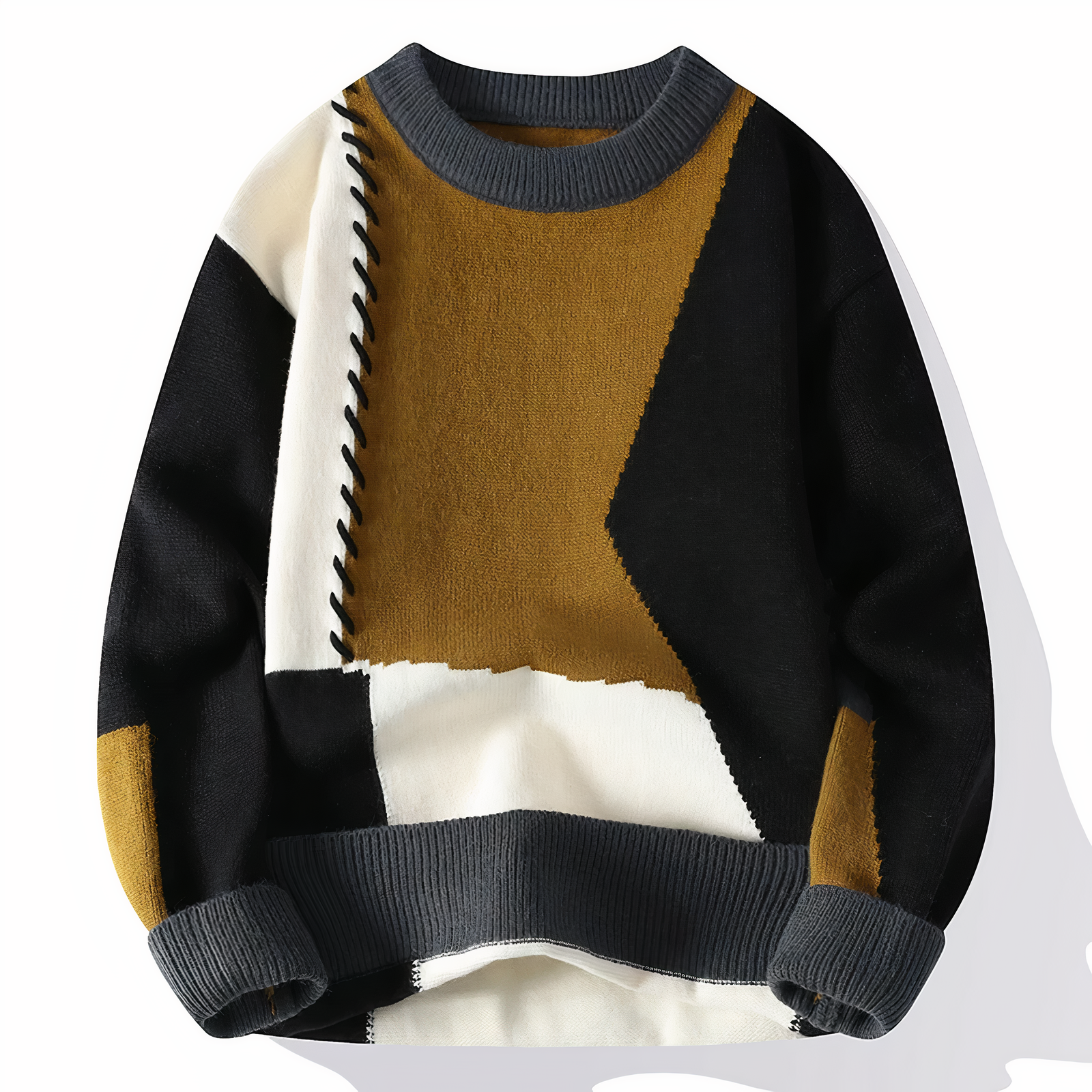 Men's Patchwork Crewneck Sweater - Bold Mixed Knit - Black-Taupe