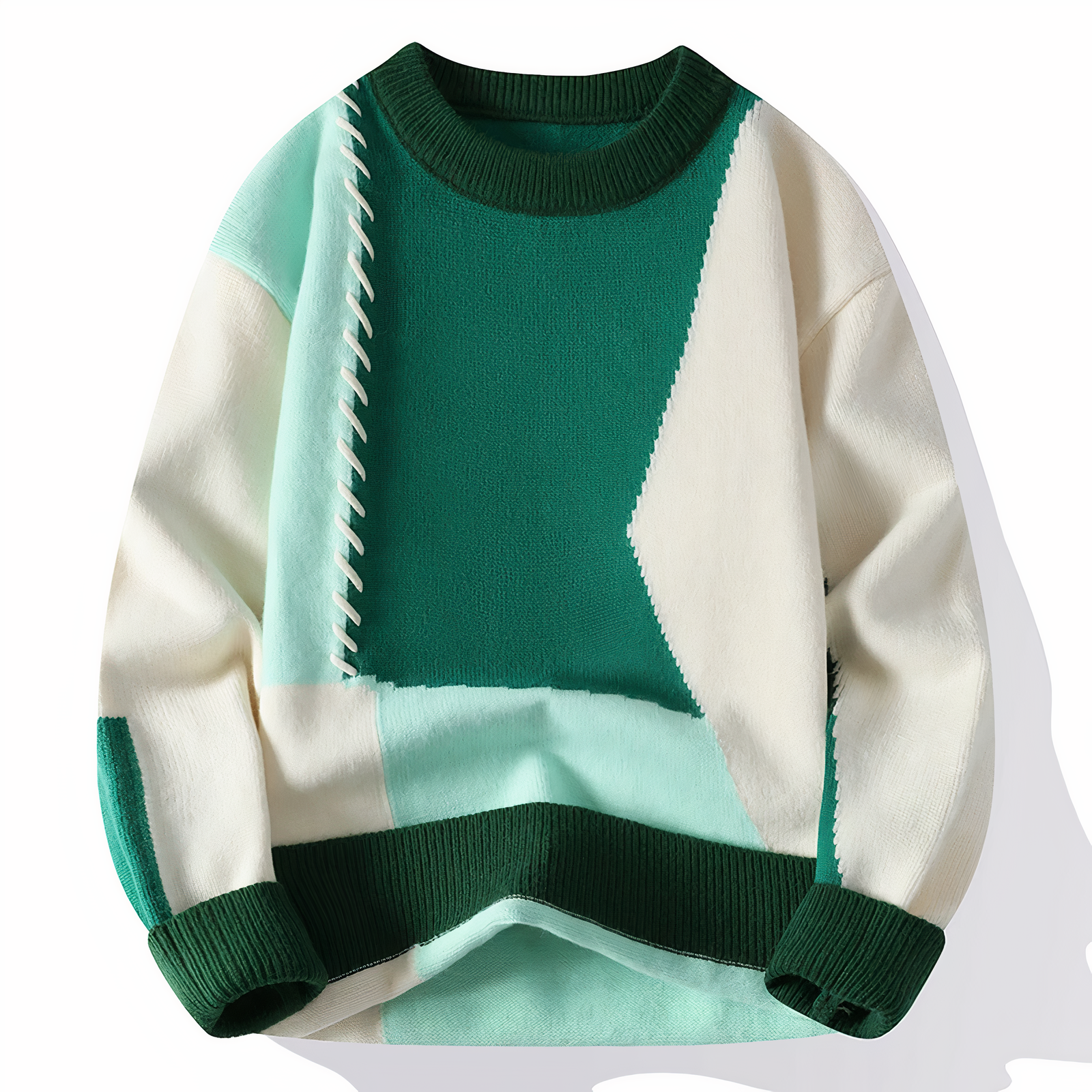 Men's Patchwork Crewneck Sweater - Bold Mixed Knit - White-Green