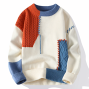 Men's Patchwork Crewneck Sweater - Bold Mixed Knit - White-Orange