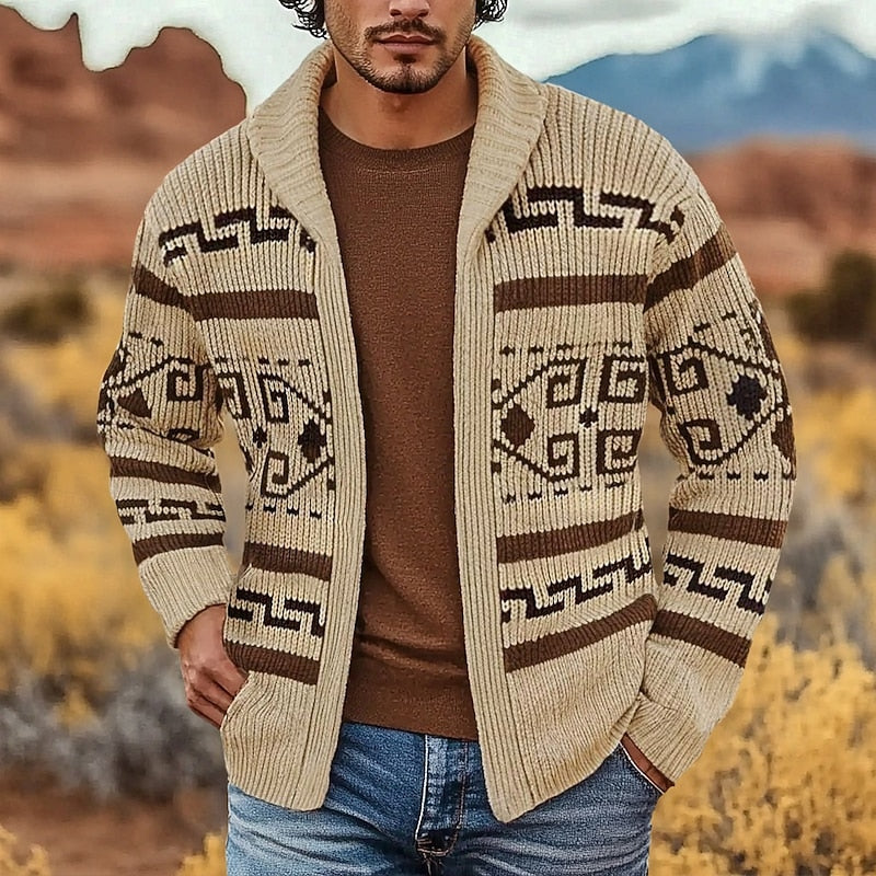 Men's Patterned Zip Cardigan in khaki, Classic Knit Layer