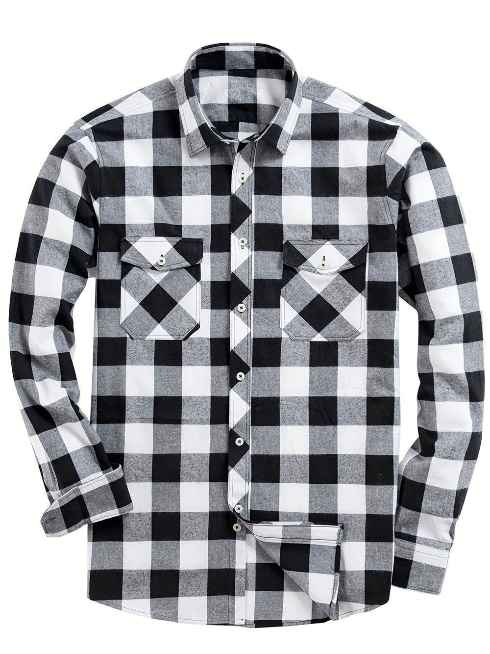 Men's Plaid Flannel Shirt with Double Chest Pockets - Casual - Black