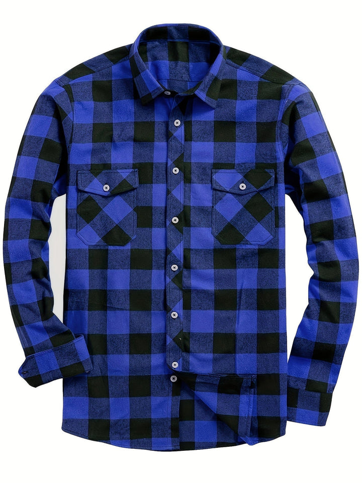 Men's Plaid Flannel Shirt with Double Chest Pockets - Casual - Blue