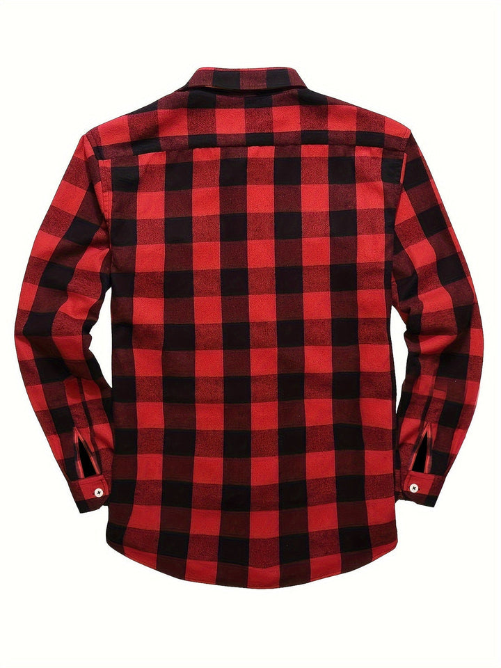 Men's Plaid Flannel Shirt with Double Chest Pockets - Casual
