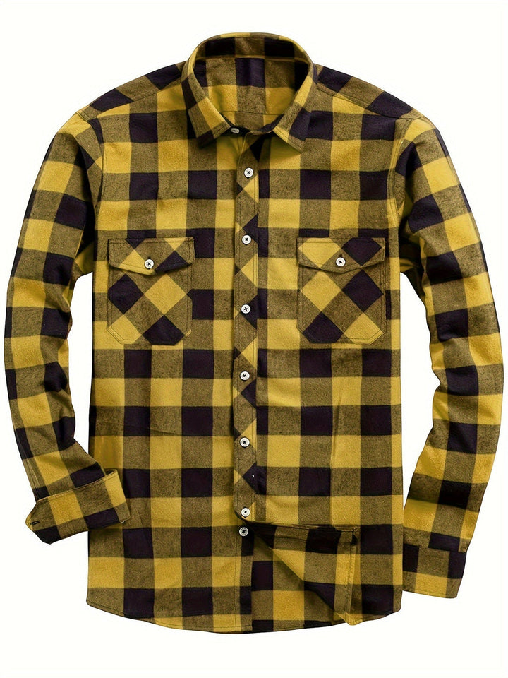Men's Plaid Flannel Shirt with Double Chest Pockets - Casual - Gold