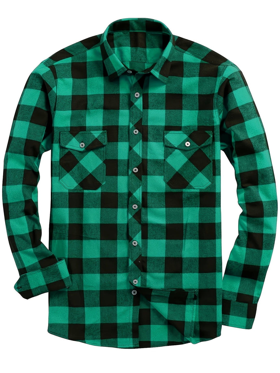 Men's Plaid Flannel Shirt with Double Chest Pockets - Casual - Green