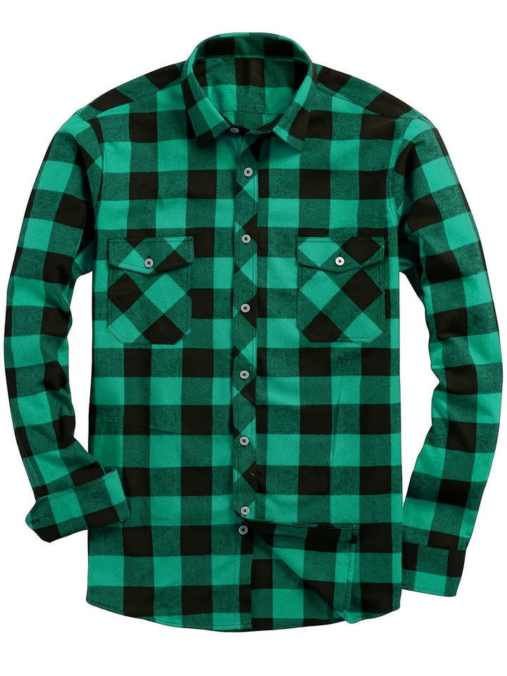 Men's Plaid Flannel Shirt with Double Chest Pockets - Casual - Green